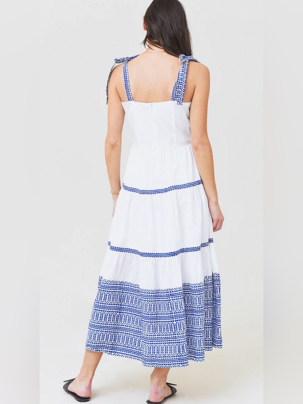 Oliphant Tie Strap Button Cotton Poplin Midi Dress in Mykonos Large - Picture 2 of 10